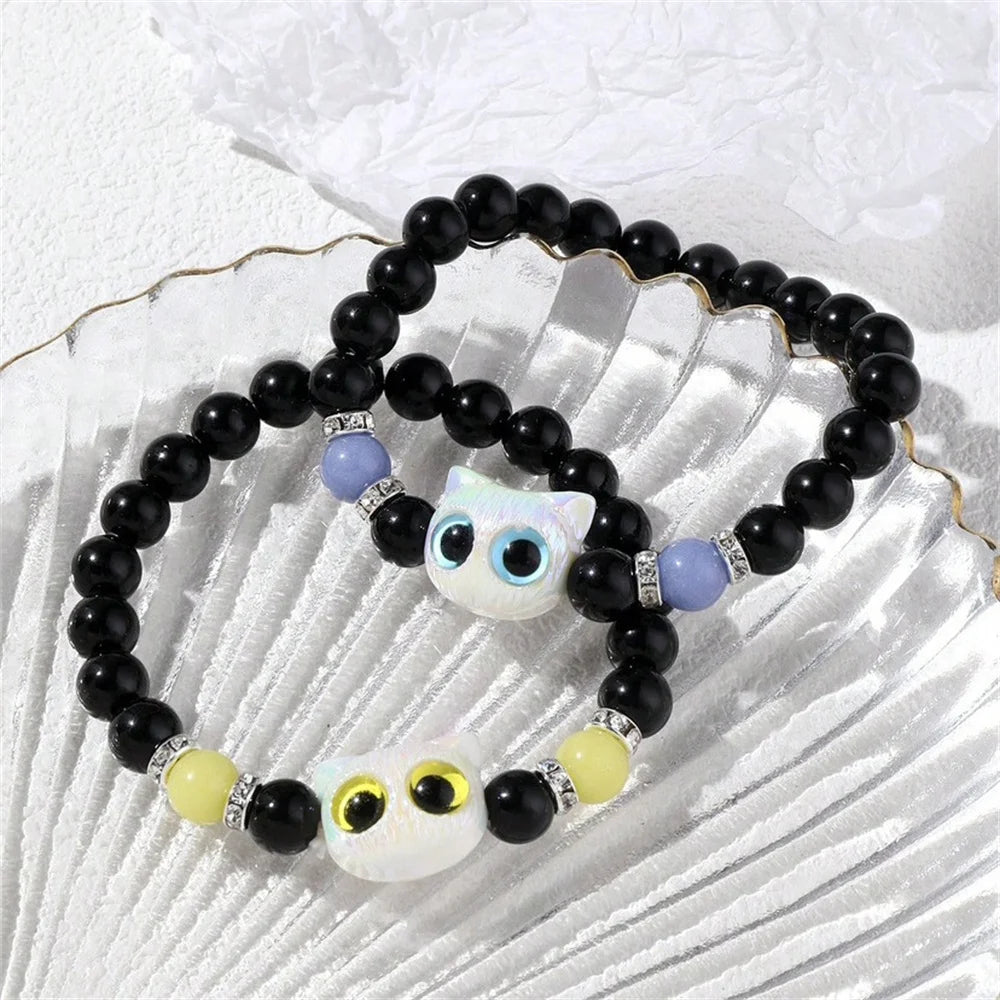 Fashion Luminous Beads Couple Bracelets with Glow-In-The-Dark Cat Charm