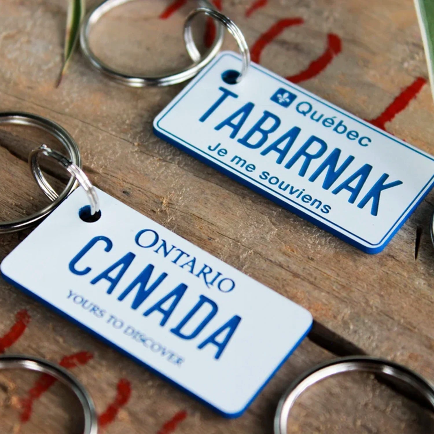 Two keychains with imitation license plate designs on a wooden surface.