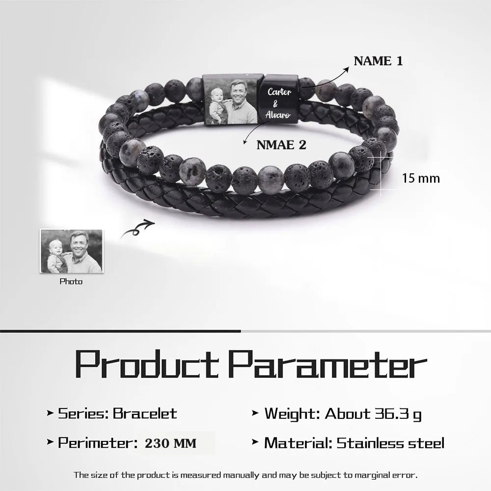 Personalize Men Photo Bracelets with Beads 2 Names