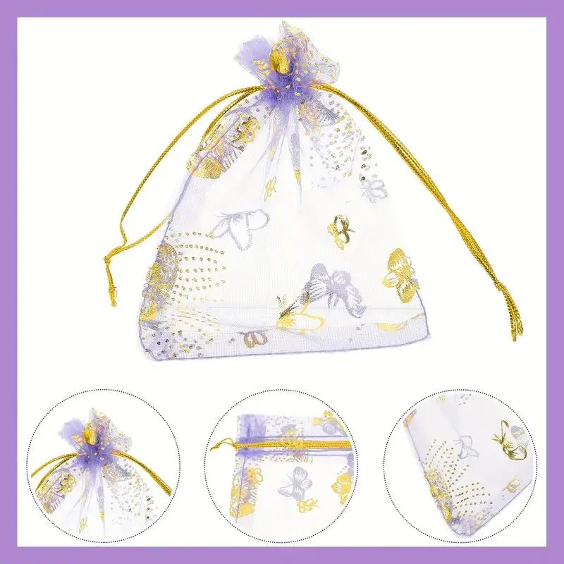 Decorative sheer bag with floral and butterfly design on a white background