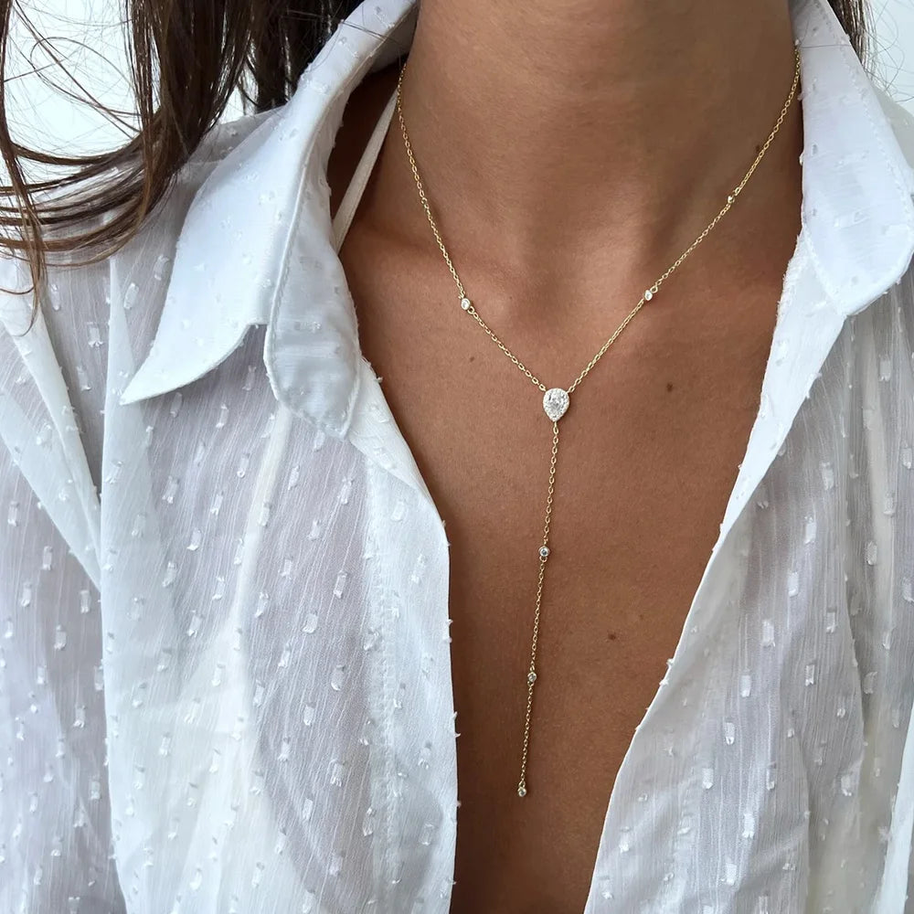 Emerald Green Teardrop Lariat Necklace Minimalist Y Drop Pendant for Women