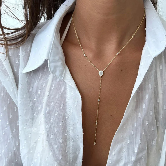 Emerald Green Teardrop Lariat Necklace Minimalist Y Drop Pendant for Women
