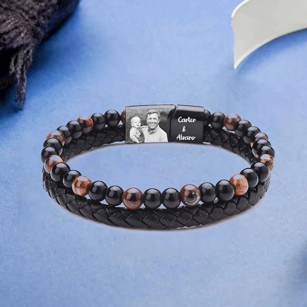Personalize Men Photo Bracelets with Beads 2 Names