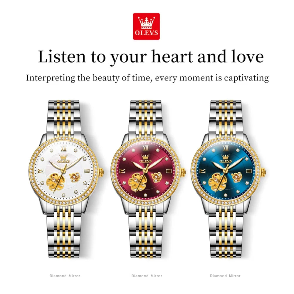 Elegant Women’s Automatic Hollow Flower Dial Watch Set