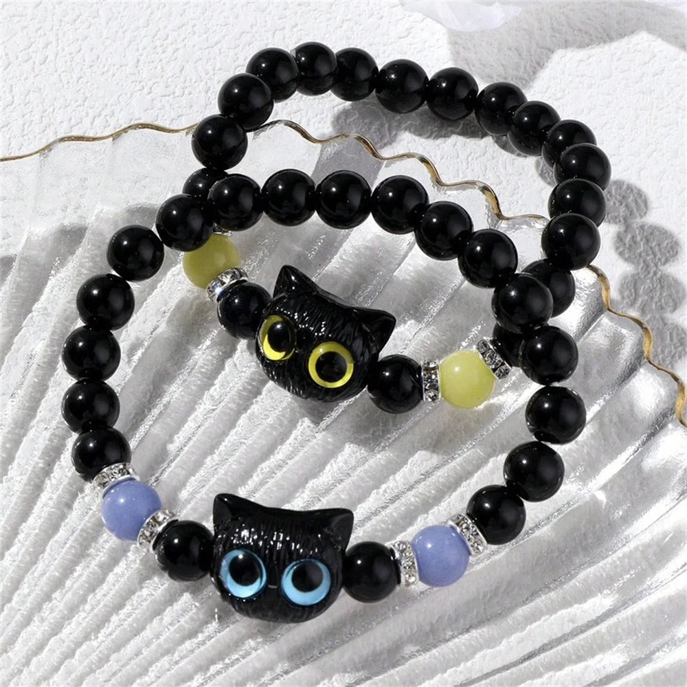 Fashion Luminous Beads Couple Bracelets with Glow-In-The-Dark Cat Charm
