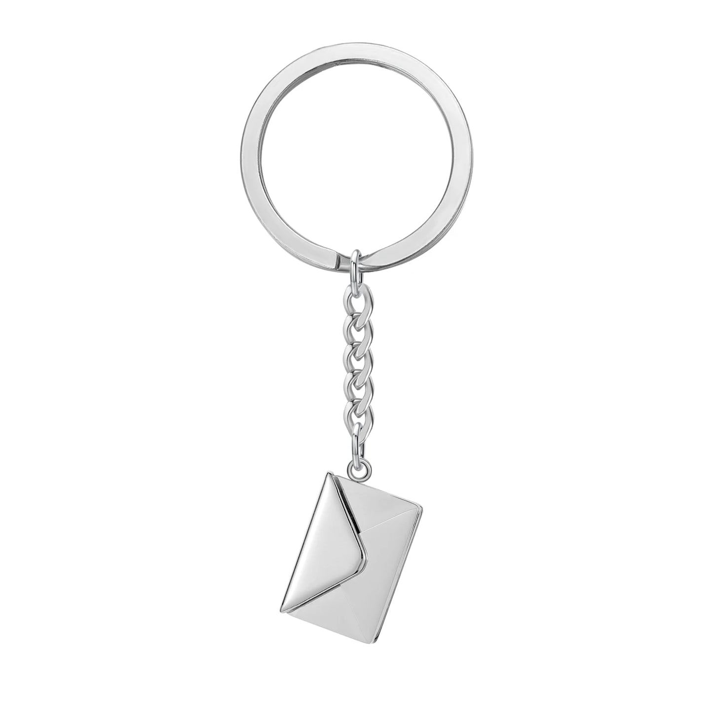 Silver keychain with a geometric pendant on a white background