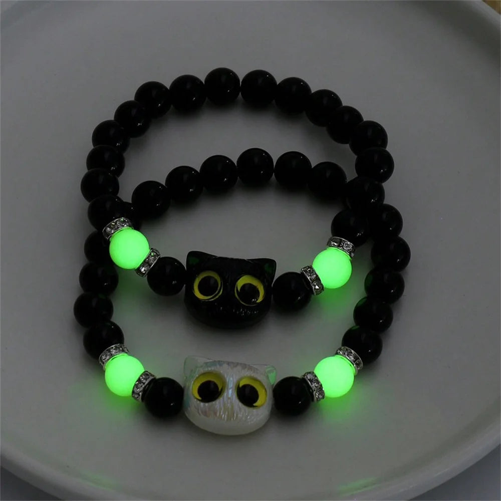 Fashion Luminous Beads Couple Bracelets with Glow-In-The-Dark Cat Charm