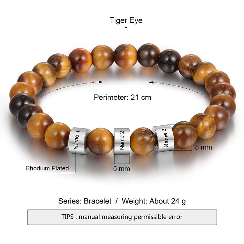 Personalized Tiger Eye Beaded Bracelet – Custom Engraved Stainless Steel Name Jewelry