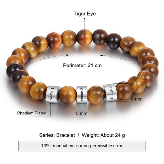 Personalized Tiger Eye Beaded Bracelet – Custom Engraved Stainless Steel Name Jewelry