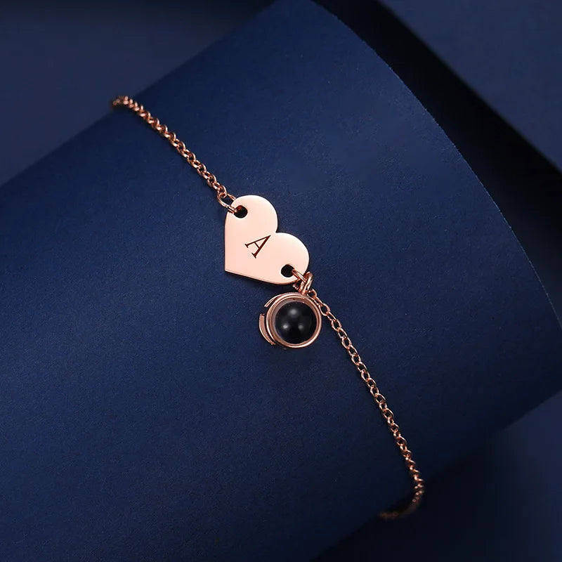 Custom Photo Projection Bracelet Stainless Steel Heart Zircon Jewelry