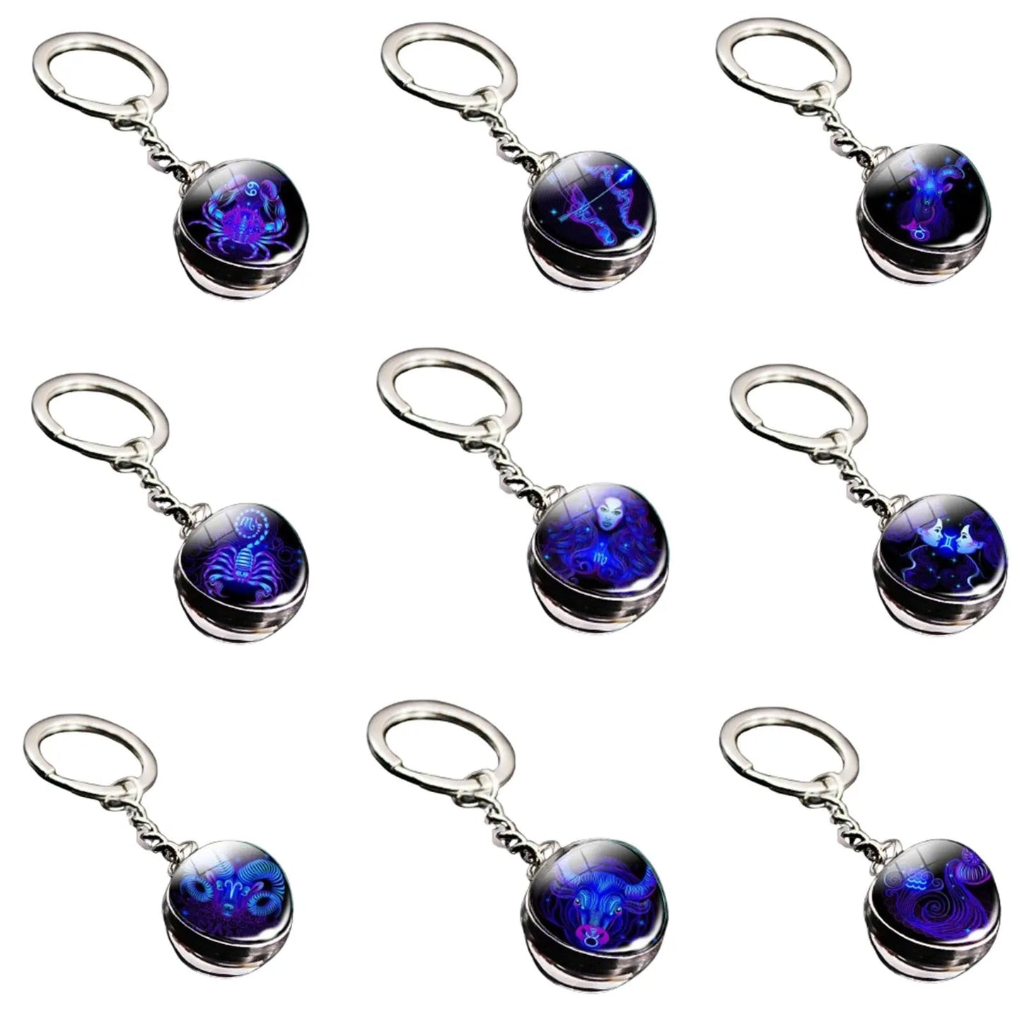Set of keychains with blue and purple designs on a white background