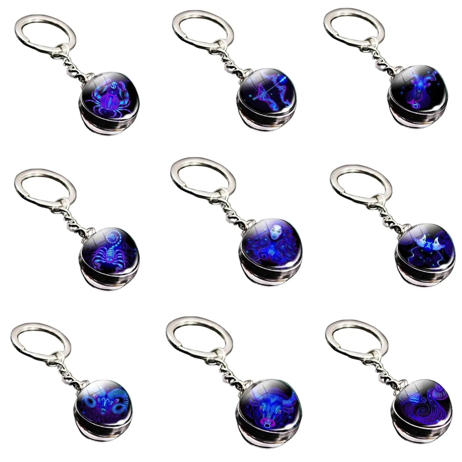 Set of keychains with blue and purple designs on a white background