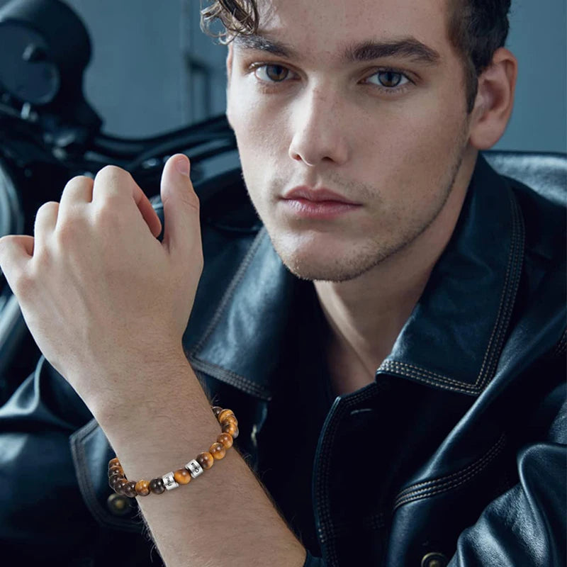 Personalized Tiger Eye Beaded Bracelet – Custom Engraved Stainless Steel Name Jewelry