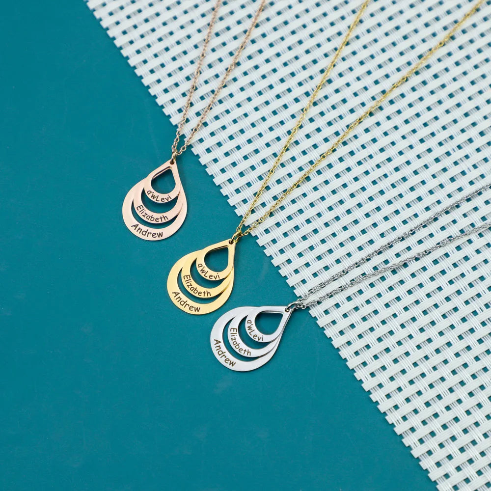 Water Drop Pendant Personalized Engrave 4 Names
