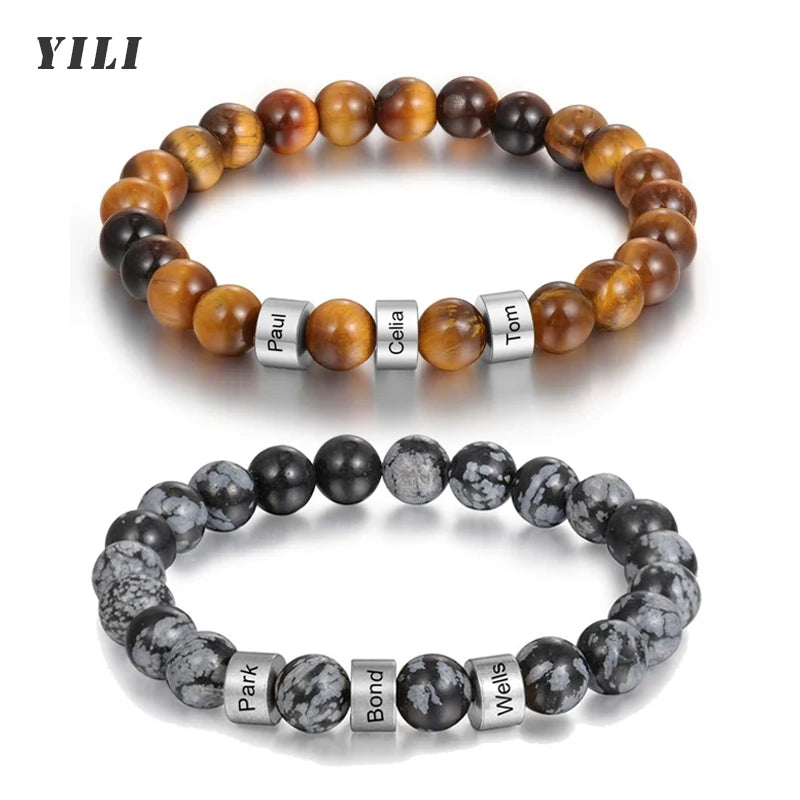Personalized Tiger Eye Beaded Bracelet – Custom Engraved Stainless Steel Name Jewelry