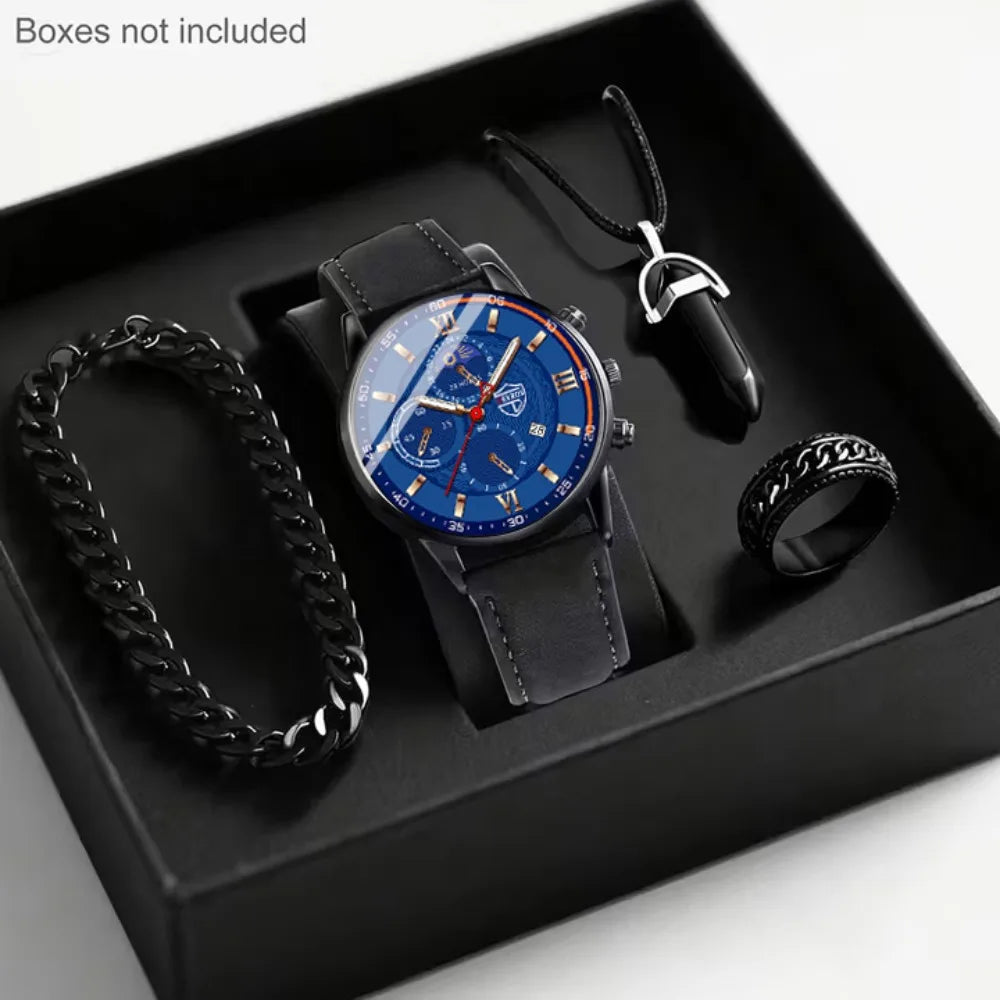 4-Piece Men’s Quartz Watch Set with PU Leather Straps