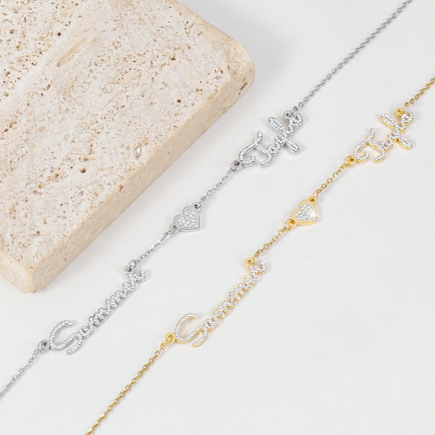 Custom Names Necklace Personalized CZ Stone Gold Stainless Steel