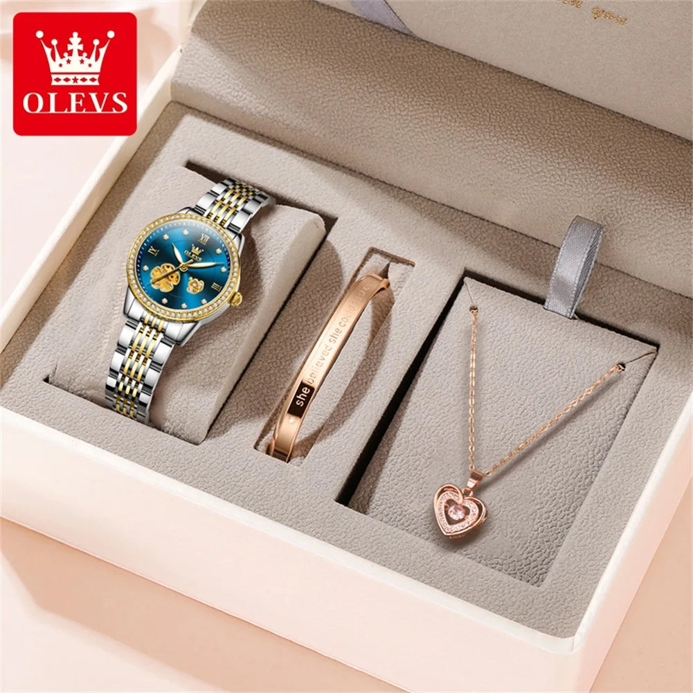 Elegant Women’s Automatic Hollow Flower Dial Watch Set