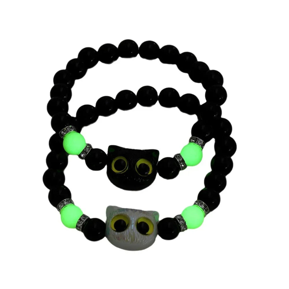 Fashion Luminous Beads Couple Bracelets with Glow-In-The-Dark Cat Charm