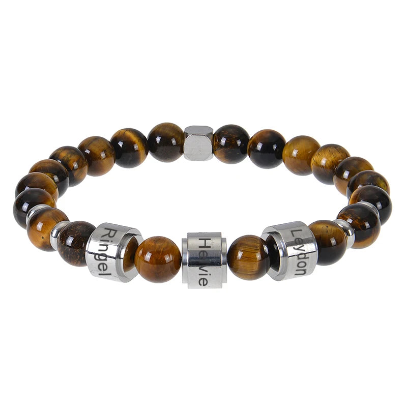 Personalized Tiger Eye Beaded Bracelet – Custom Engraved Stainless Steel Name Jewelry