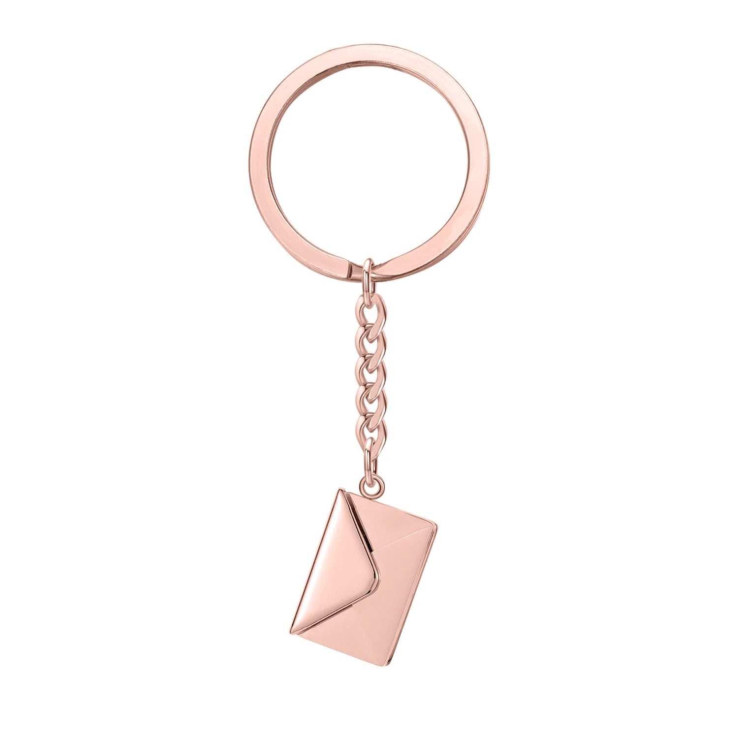 Rose gold keychain with a geometric pendant on a white background