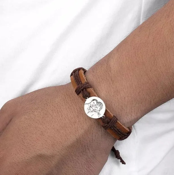 Custom Men's Round Photo Engraved Tag Bracelet