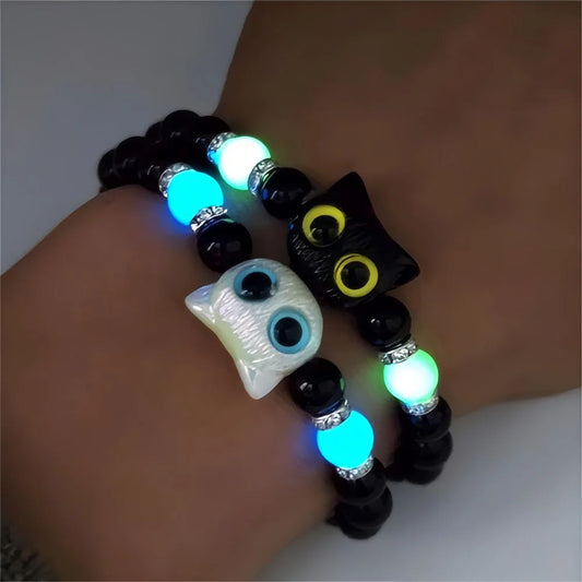 Fashion Luminous Beads Couple Bracelets with Glow-In-The-Dark Cat Charm