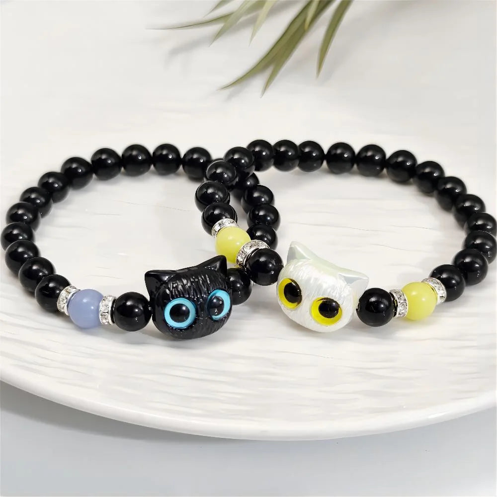 Fashion Luminous Beads Couple Bracelets with Glow-In-The-Dark Cat Charm