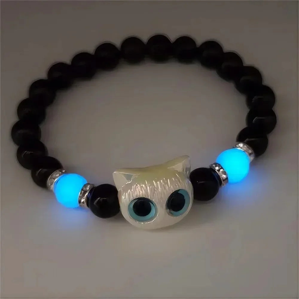 Fashion Luminous Beads Couple Bracelets with Glow-In-The-Dark Cat Charm