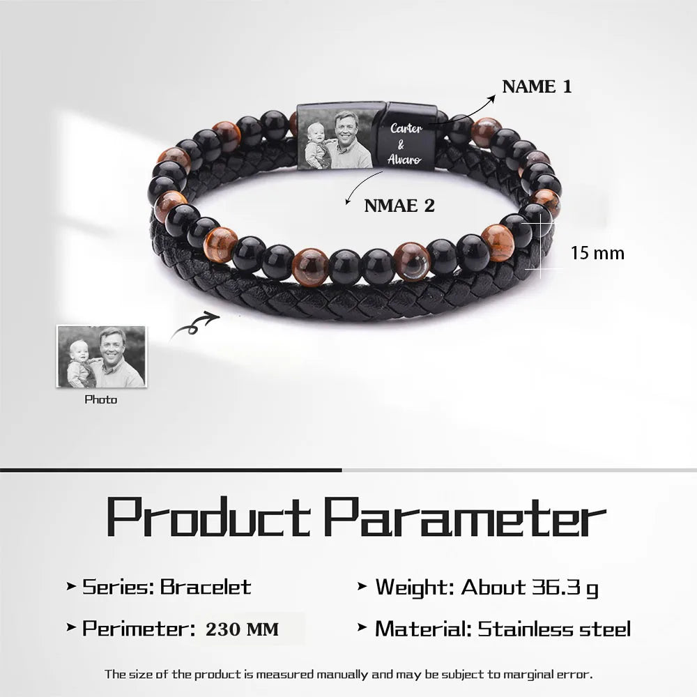 Personalize Men Photo Bracelets with Beads 2 Names