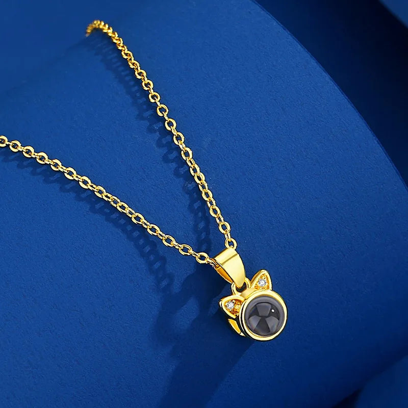 Custom Photo Projection Necklace Cat Zircon Ear Pendant
