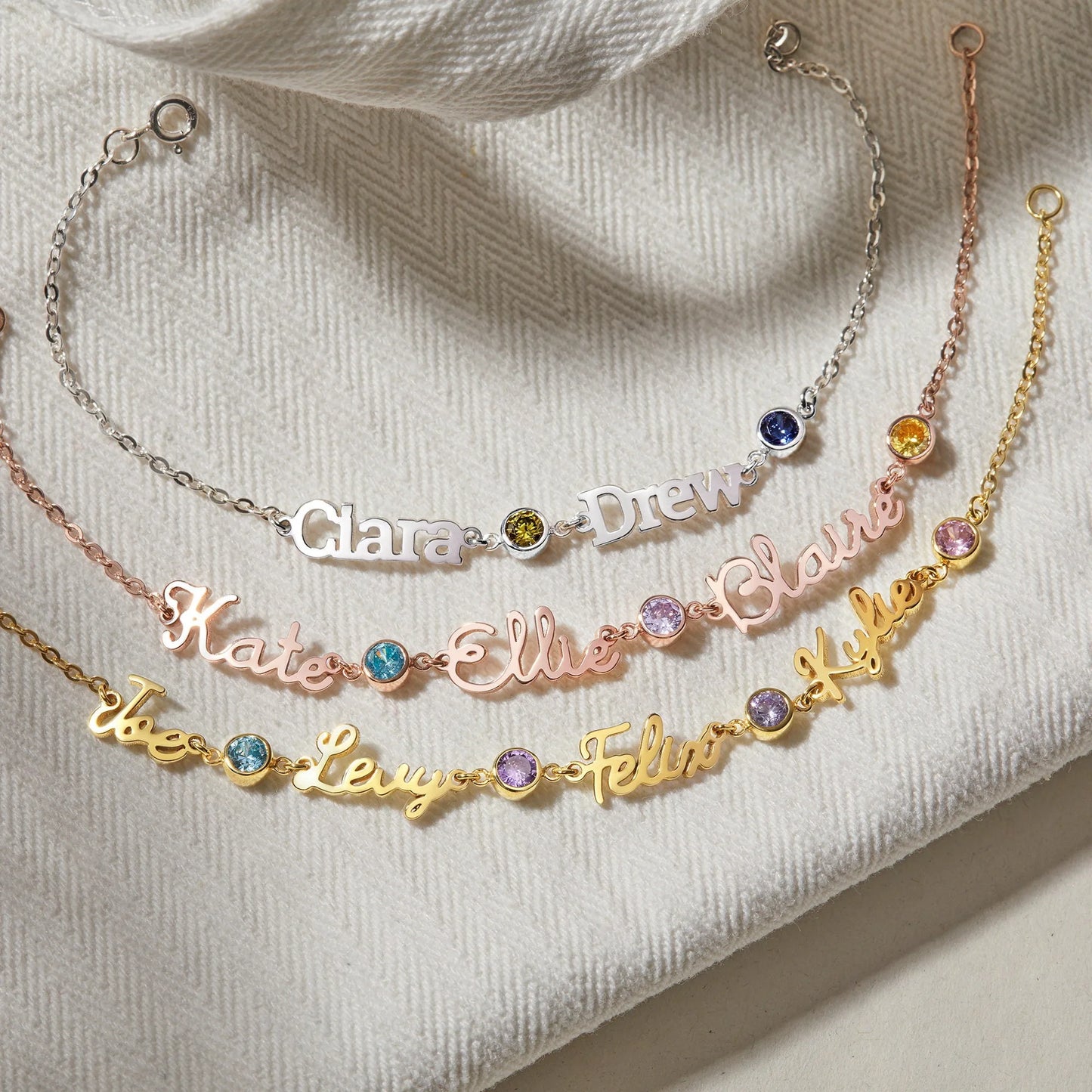 12 Months Birthstone Stainless Steel Multiple Name Bracelet