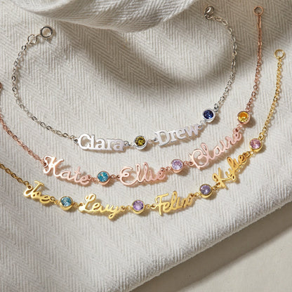 12 Months Birthstone Stainless Steel Multiple Name Bracelet