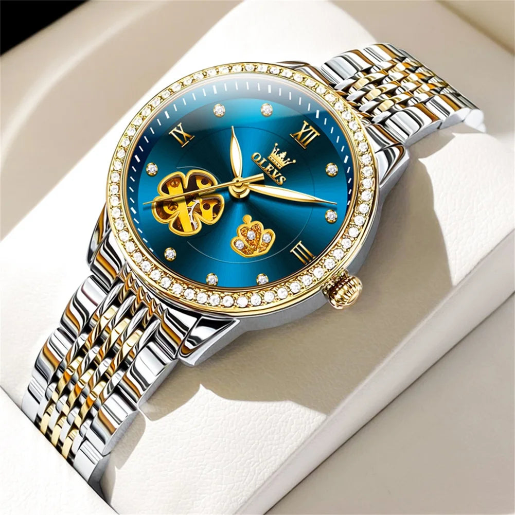 Elegant Women’s Automatic Hollow Flower Dial Watch Set