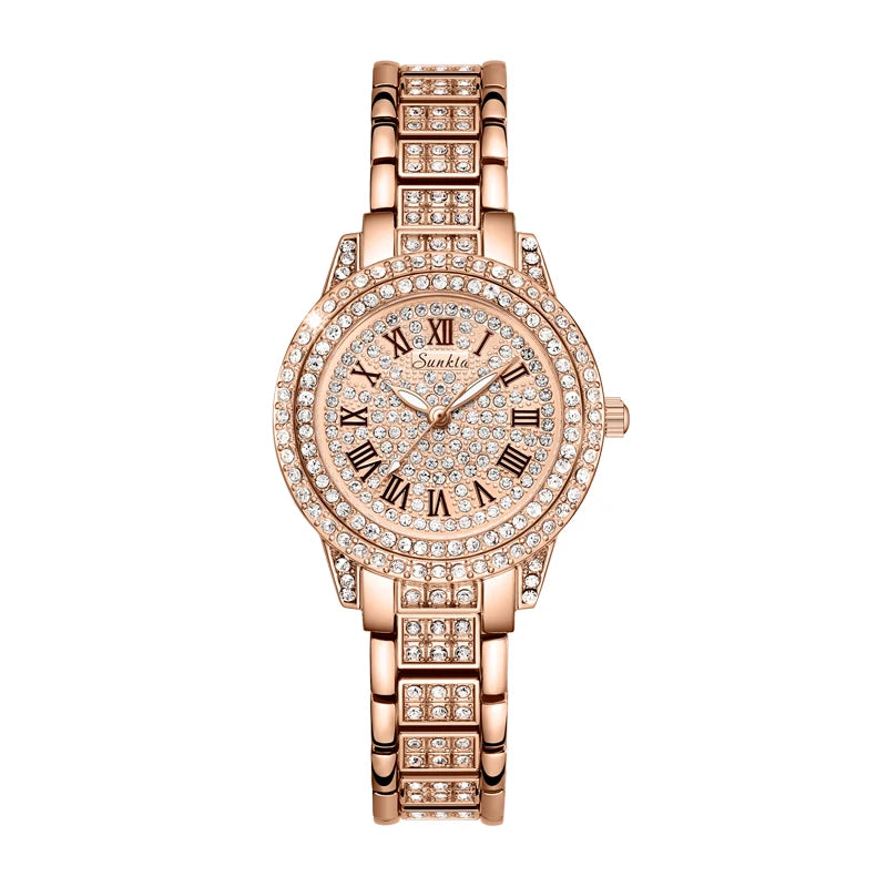 Rose gold watch with diamond accents on a white background