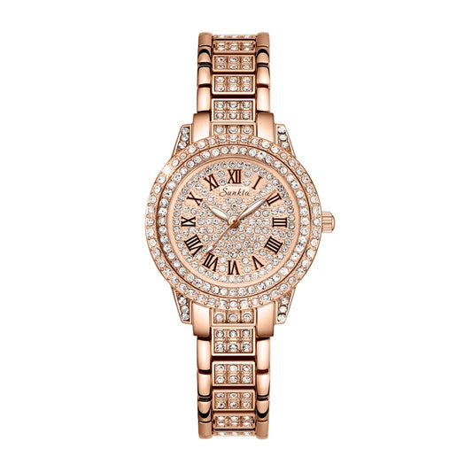 Rose gold watch with diamond accents on a white background
