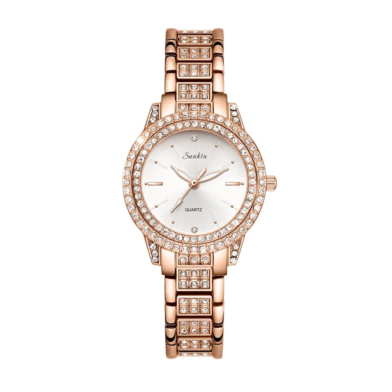 Rose gold watch with diamond accents on a white background