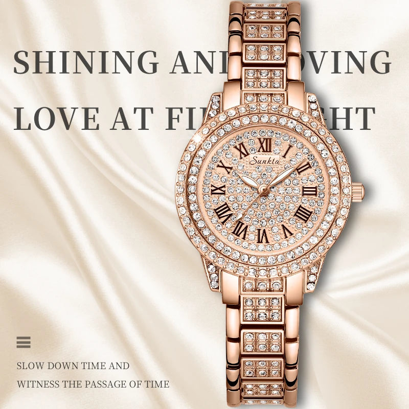 Rose gold watch with diamond accents on a beige satin background