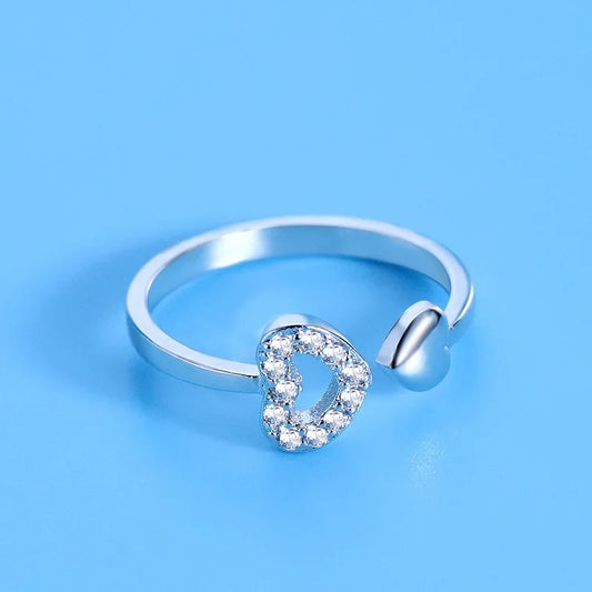 925 Sterling Silver Heart Open Ring – Adjustable with Inlaid Zircon Sparkle